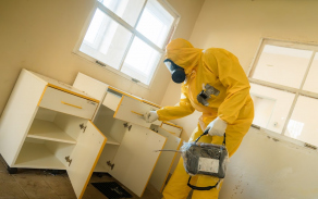 Chemici provádějí detekci chemických a otravných látek v budově